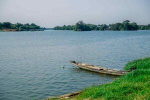 Brahmaputra river and green countryside on Majuli island, Assam