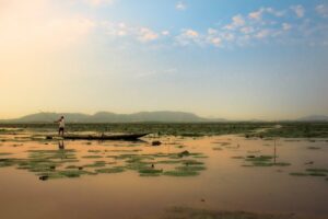 Brahmaputra river and green countryside on Majuli island, Assam
